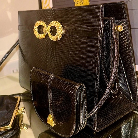 Martin Van Schaak Black Genuine Lizard Skin Handbag - Picture 2 of 5